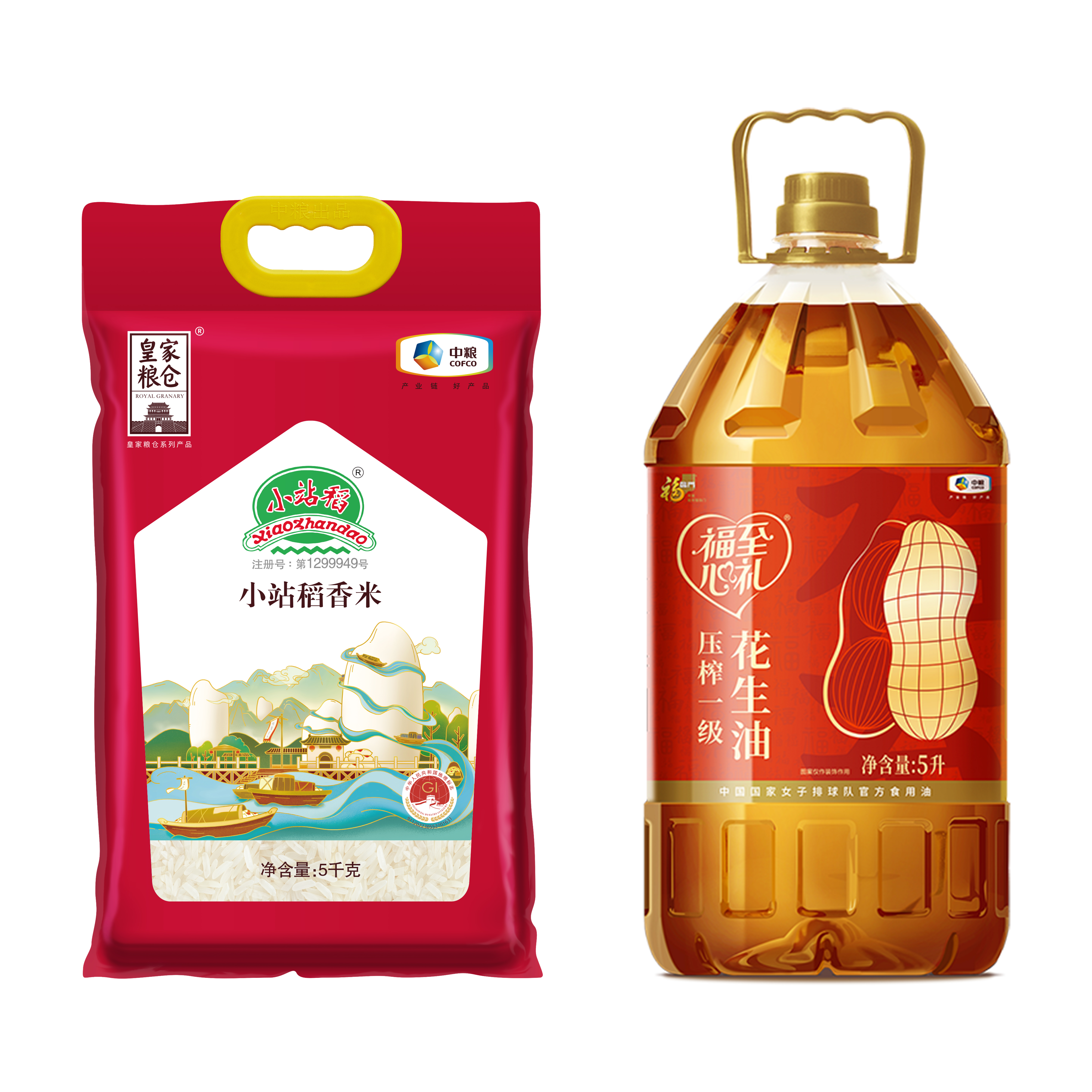 中粮福临门/皇家粮仓花生油+小站稻组合5kg+5L